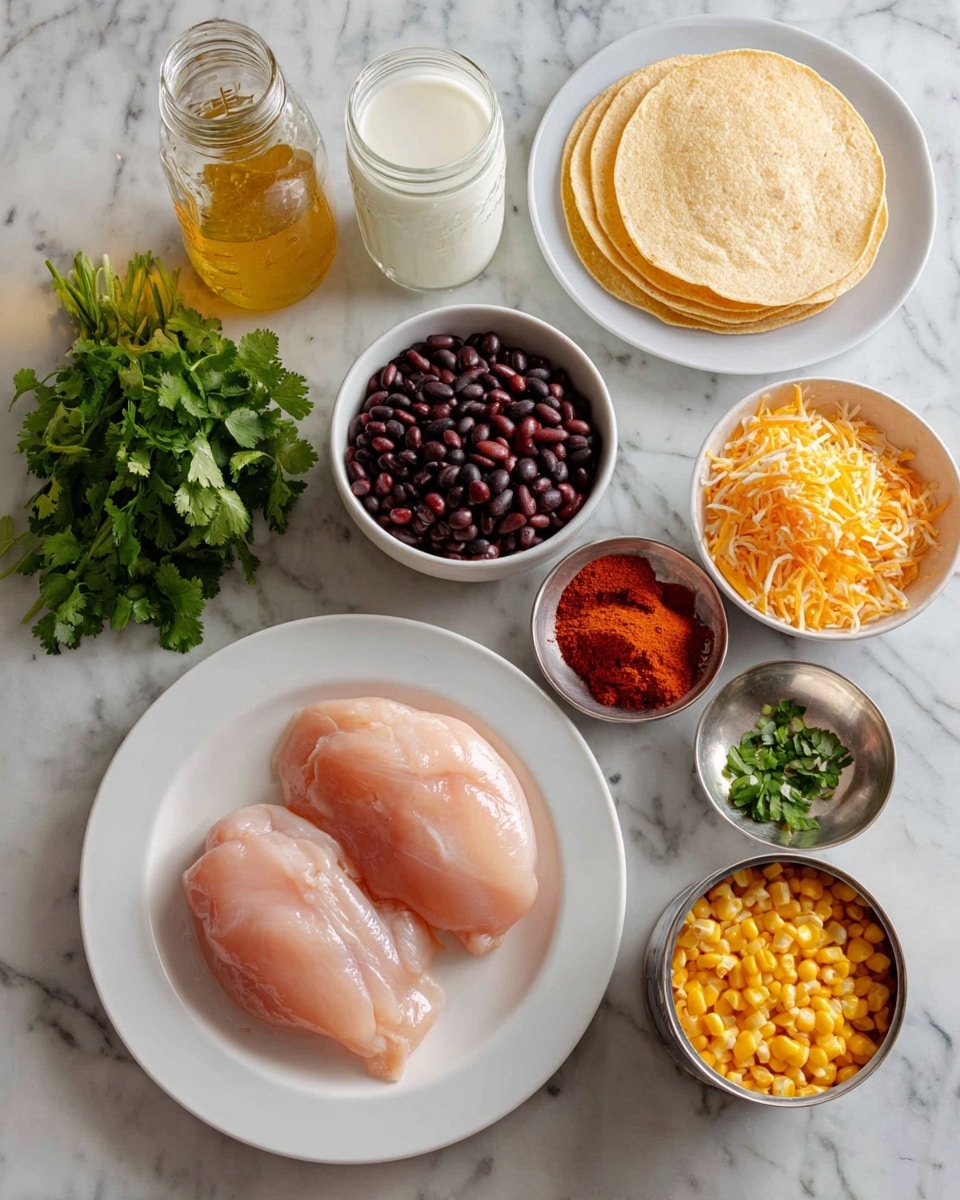 A white plate with two raw, pale pink, boneless, skinless chicken pieces sits in the bottom center. Above it, a small glass jar of white cream is placed next to a green bunch of fresh cilantro on a white marbled surface. To the top right, there is a white bowl filled with a mix of light yellow and orange grated cheese. Next to it, a small metal cup holds chopped green chiles. A small white bowl with reddish-brown taco seasoning sits to the left of the chiles. A stack of light yellow corn tortillas is placed on a white plate above the seasoning. To the far left, a glass measuring cup contains light yellow chicken broth, and below it, a half-opened can of bright yellow corn is shown. Near the bottom left, a metal sieve holds shiny black beans, and next to it, a small metal bowl contains crushed red tomatoes. All items rest on a white marbled surface, photo taken with an iphone --ar 4:5 --v 7