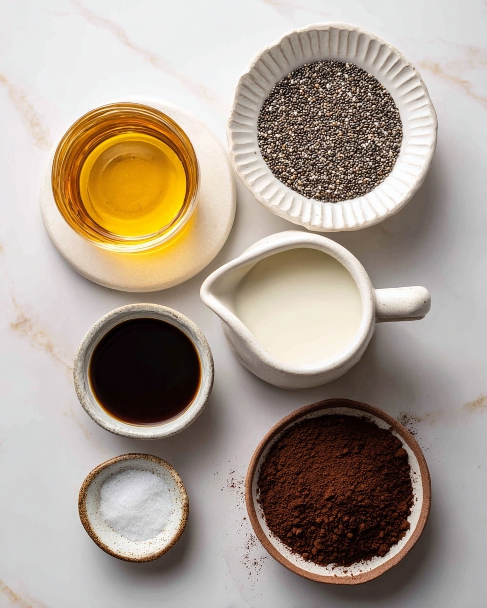 Six ingredients are shown on a white marbled surface. On the top left, a clear glass on a white base holds golden maple syrup. To its right, a white bowl with ridged edges is full of tiny black and white chia seeds. Below the syrup, a clear glass pitcher contains white almond milk. Next to it, a small white ceramic jug with a handle holds dark vanilla extract. Below the chia seeds, a small white dish has a fine salt dusting. Finally, a shallow white bowl with a brown rim contains dark brown cocoa powder. Each item is spaced evenly apart. photo taken with an iphone --ar 4:5 --v 7