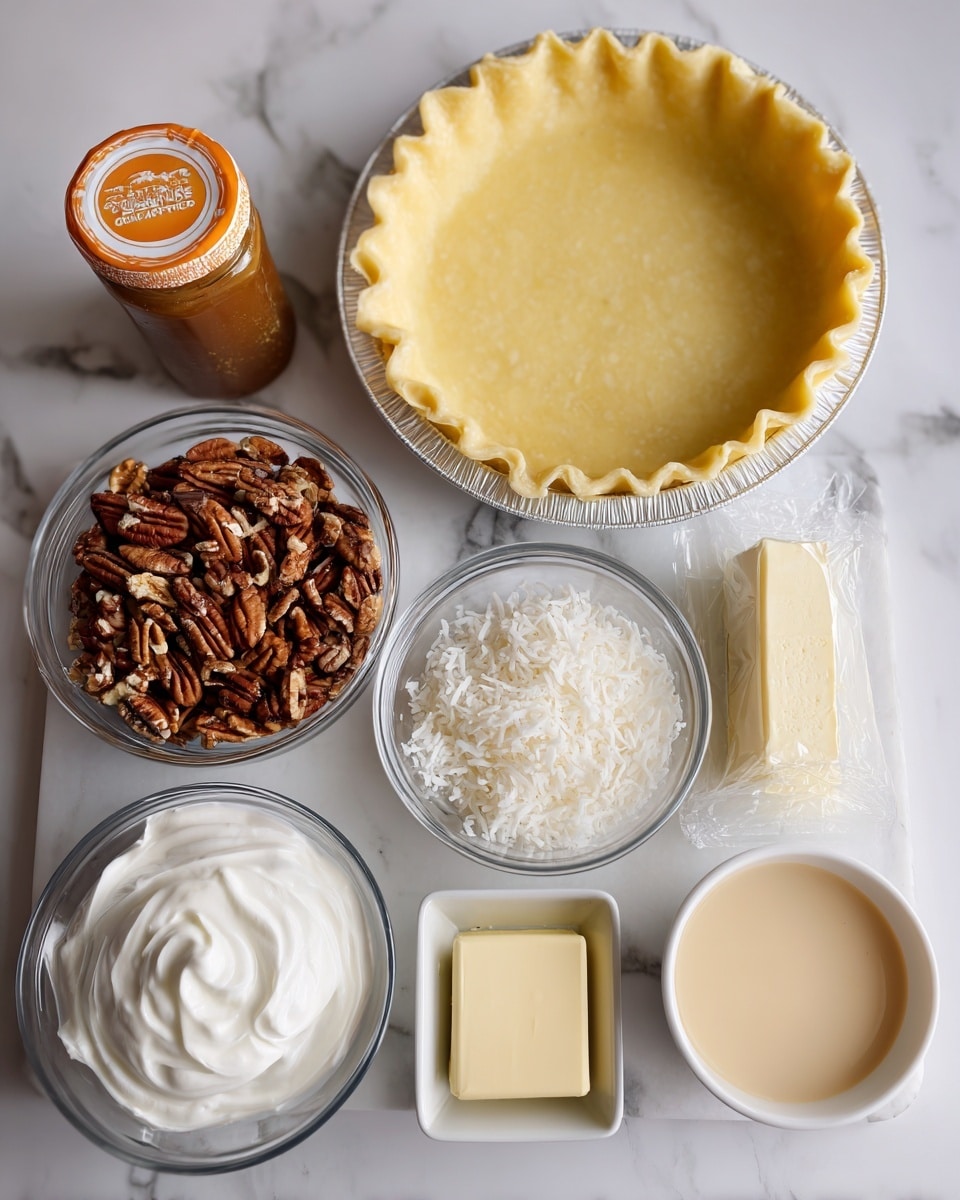 The image shows ingredients for a dessert arranged on a white marbled surface. At the center top, there is a deep dish pie crust with a golden yellow color and a crimped edge inside a silver pie pan. To the right, a silver wrapped package of cream cheese is placed. Below that, a clear glass bowl holds chopped pecans, showing their brown and tan rough texture. At the center left, a jar of caramel topping with an orange lid leans slightly. In the middle below the pie crust, another clear glass bowl contains shredded sweetened coconut, which is white and flaky. To the right of that, a small white square dish holds a block of yellow butter. At the bottom left, a white bowl is filled with smooth, fluffy white cool whip. Next to it on the right is a small glass cup filled with thick, shiny light tan sweetened condensed milk. photo taken with an iphone --ar 4:5 --v 7