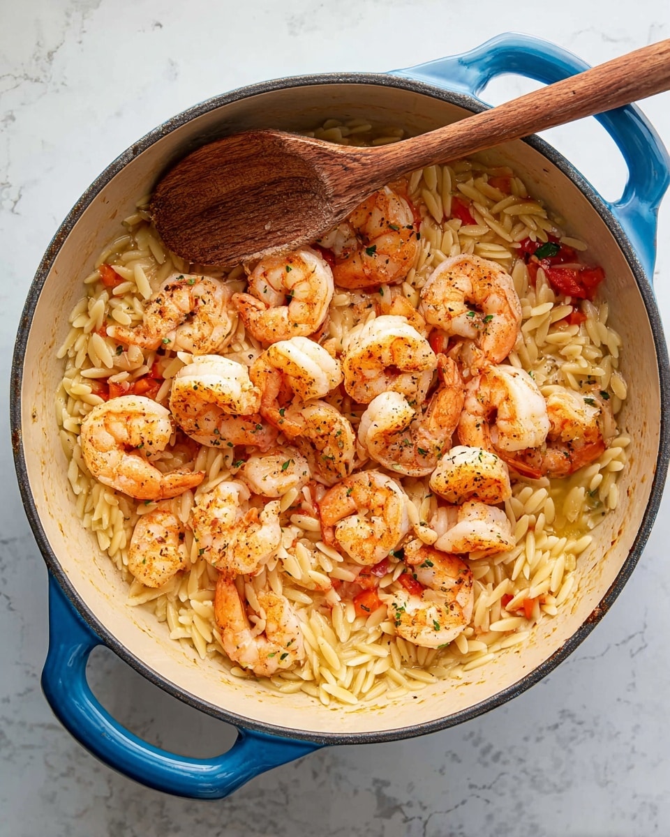 A round blue pot holds a two-layered dish set on a white marbled surface. The bottom layer is light golden orzo pasta mixed with small pieces of red bell pepper, soaked in a light broth. The top layer has medium-sized cooked shrimp with a light pink and orange color, seasoned with black pepper and slight charring, clustered in the center. A wooden spoon with a warm brown color rests inside the pot, laying across the shrimp and orzo. photo taken with an iphone --ar 4:5 --v 7