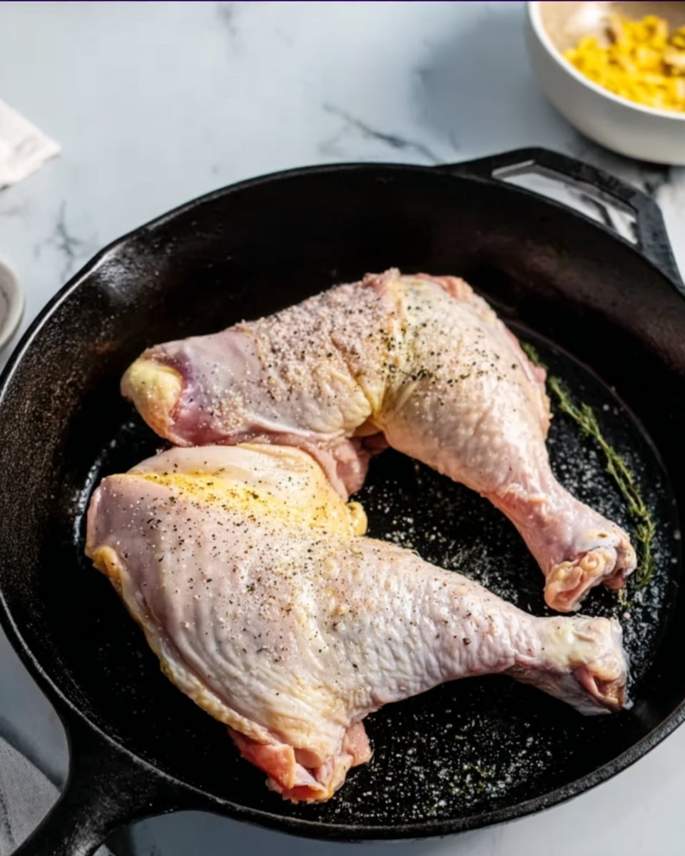 The image shows two raw chicken leg pieces placed inside a black cast iron pan. The chicken pieces are pale pink with some yellowish fat visible, and they are sprinkled with coarse salt and ground black pepper. The pan sits on a white marbled surface, and part of a white bowl with yellow food can be seen in the corner. A woman's hand is not visible in this image. The lighting is natural, highlighting the texture of the raw chicken and the rough surface of the pan. photo taken with an iphone --ar 4:5 --v 7