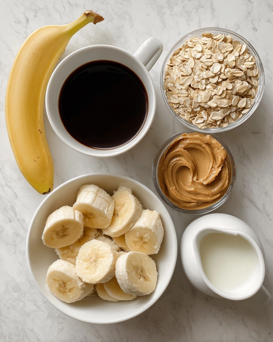 A white cup filled with dark black coffee sits at the top left, next to a clear bowl full of pale yellow oats at the top right. Below them is a white bowl containing large pieces of peeled, sliced banana showing creamy beige inside with some brown edges. To the right is a clear small bowl of light brown nut butter with a smooth texture. At the bottom right, a white pitcher holds white milk. The items are on a white marbled surface, with a peeled yellow banana placed on the left side. photo taken with an iphone --ar 4:5 --v 7
