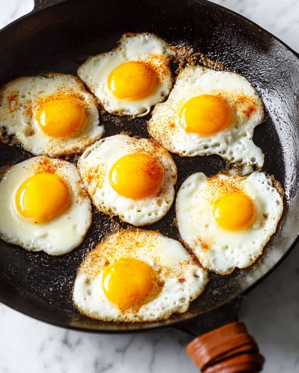 A close-up view of a black cast iron pan containing six sunny side up eggs evenly spaced around the pan. Each egg has a bright yellow yolk sitting in the center of smooth, fully cooked whites that spread irregularly with slightly crispy edges. A light sprinkling of orange-red seasoning is scattered on the yolks and whites, adding color contrast. The pan shows signs of use with a rustic, dark interior and a brown leather-wrapped handle extending out of frame. The background features a white marbled surface. photo taken with an iphone --ar 4:5 --v 7