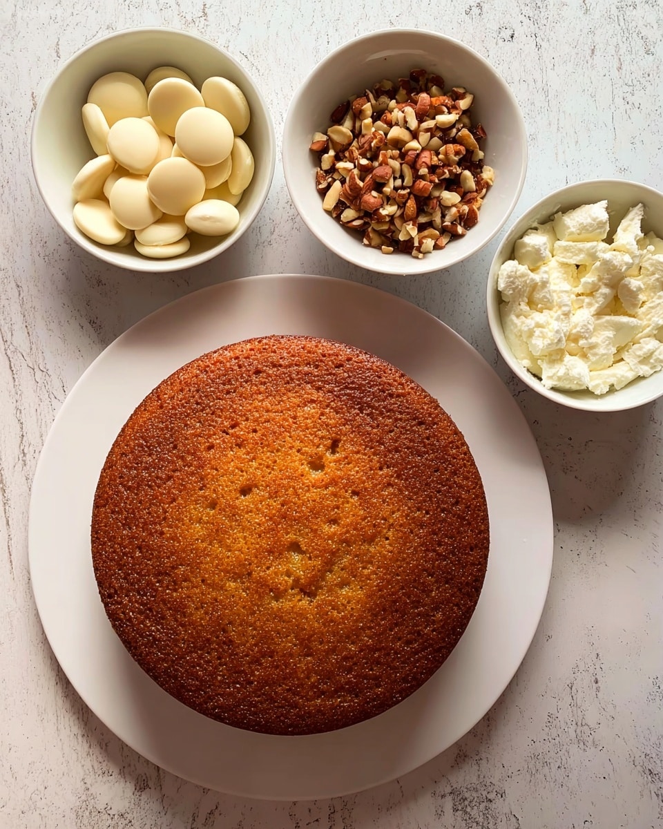 A round, golden-brown cake sits on a white plate, showing a slightly rough and textured top surface. Surrounding the cake are three bowls placed on a white marbled surface: one bowl is filled with smooth, round white chocolate wafers, another bowl holds crumbled white cream cheese with a soft and creamy texture, and the third bowl contains a mix of finely chopped nuts with a brown and tan color. The light highlights the contrast between the warm tones of the cake and the pale shades of the ingredients around it. Photo taken with an iphone --ar 4:5 --v 7
