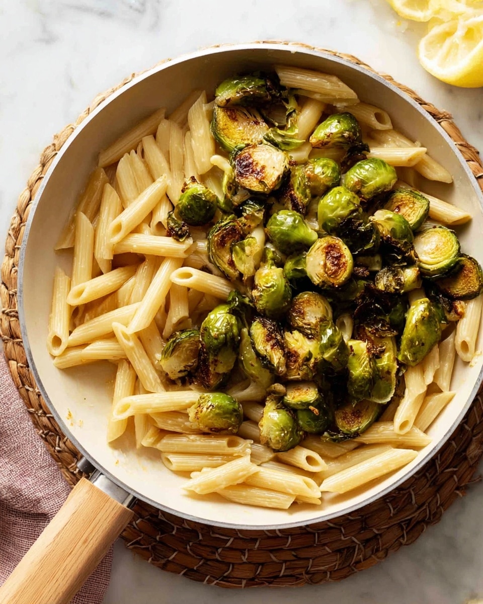 A white pan filled with two layers of food sits on a white marbled surface with a woven round mat underneath it. The bottom layer consists of pale yellow penne pasta which is smooth and slightly curved. On top, there is a thick layer of roasted Brussels sprouts, some whole and some sliced in half, showing their green interiors with browned, crispy edges. The pan has a light wooden handle visible at the bottom left, and a lemon half is partially visible in the top right corner. photo taken with an iphone --ar 4:5 --v 7