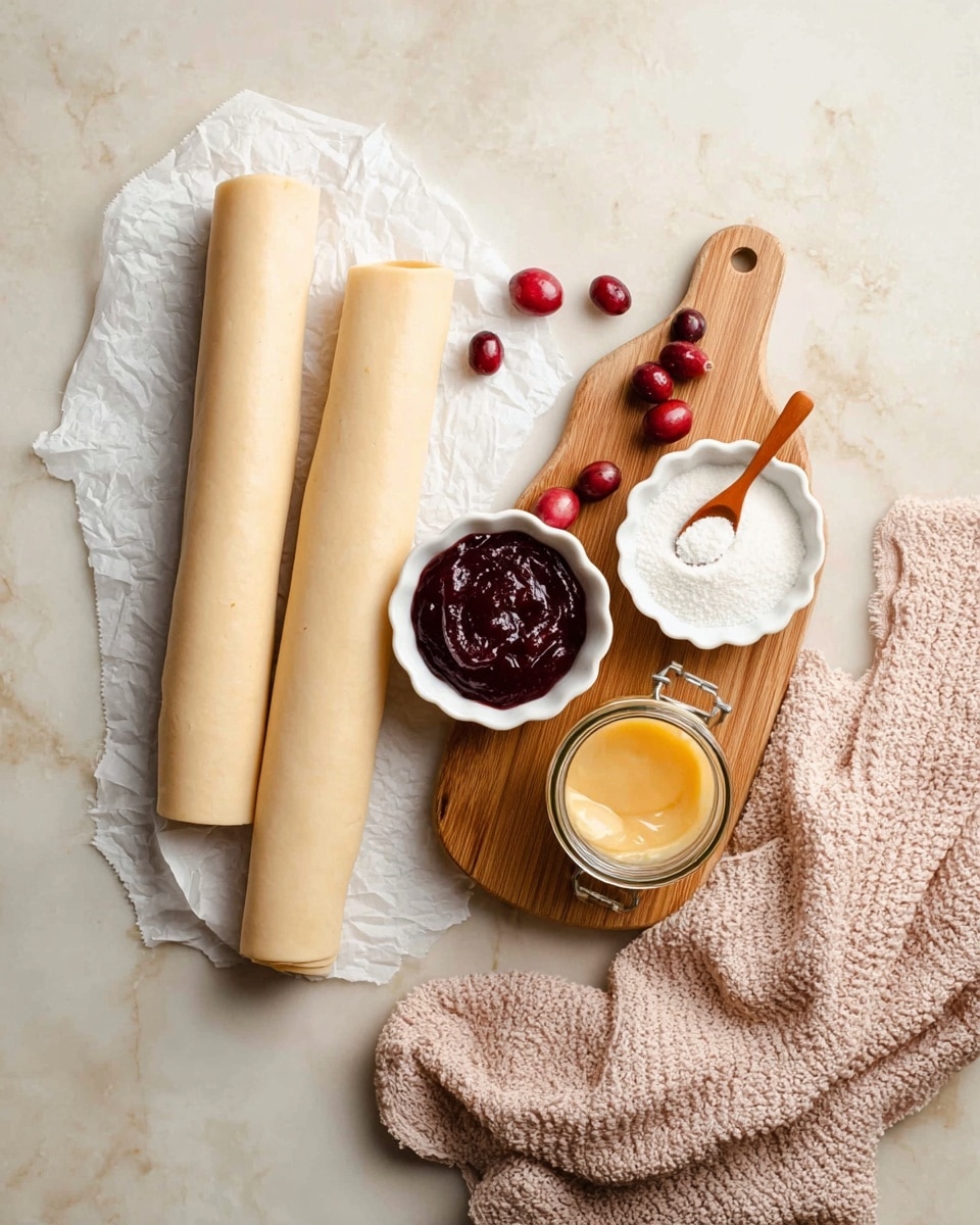 The image shows two light beige rolled dough pieces on white paper placed on a white marbled surface to the left side. On the right, a small wooden board holds three small containers: a white scalloped bowl filled with white granulated sugar and a small brown wooden spoon resting on top, a white round bowl with dark red thick sauce or jam, and a small clear glass jar with a smooth light yellow sauce with a tiny whisk inside. Around the board, there are three fresh red cranberries, and a soft light pink knitted cloth is placed at the bottom right corner. The whole setup is on a white marbled surface. photo taken with an iphone --ar 4:5 --v 7