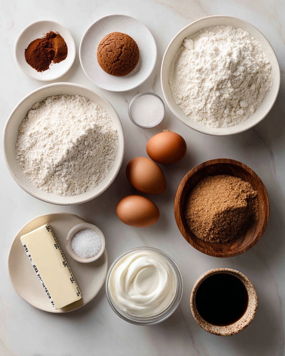 This image shows various baking ingredients arranged on a white marbled surface. There are two white plates with small amounts of sea salt, cinnamon, and baking powder on one and a round disk of brown sugar on the other. A white bowl holds all-purpose flour with a fine, powdery texture, while a wooden bowl contains light brown whole wheat flour. A small white bowl contains white sugar, and next to it lies a stick of butter wrapped in paper with measurement markings. A small clear bowl has white Greek yogurt, and beside it, another white bowl holds milk with a smooth surface. Two brown eggs with smooth shells are placed next to the milk bowl. Lastly, there is a small brown cup with a dark liquid labeled vanilla. The composition is neat and clear photo taken with an iphone --ar 4:5 --v 7