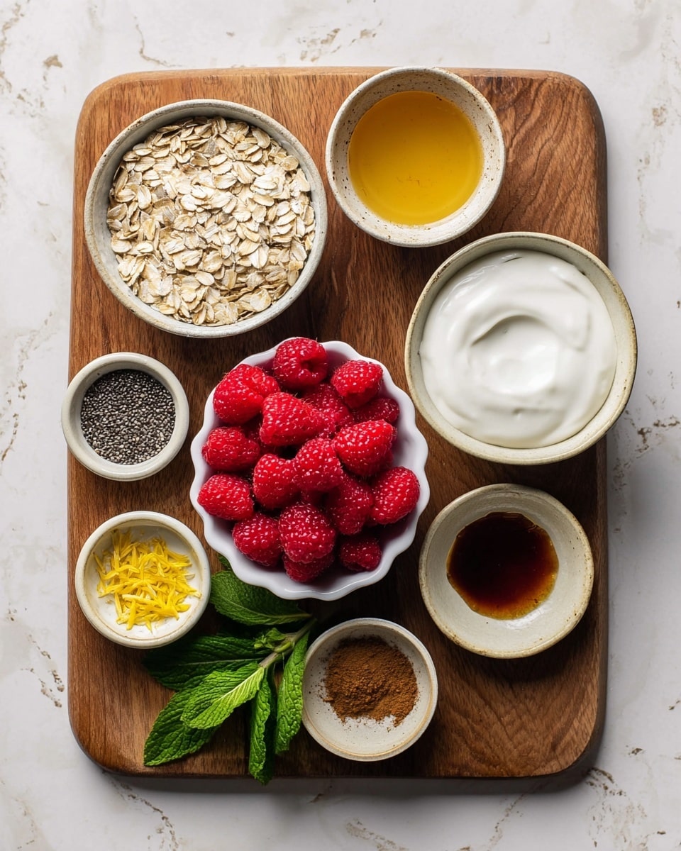 A wooden board on a white marbled surface holds several small white bowls and dishes arranged neatly. One bowl is filled with light brown rolled oats, another with white yogurt that has a creamy texture. A round white bowl contains small black chia seeds. A small beige bowl has dark brown vanilla extract. There is a small rustic dish with bright yellow lemon zest, and another beige bowl holds ground cinnamon, which is a warm brown powder. A small glass jar contains golden honey. In the center, a scalloped white bowl is full of fresh, bright red raspberries, with a sprig of fresh green mint leaves next to it. Photo taken with an iphone --ar 4:5 --v 7