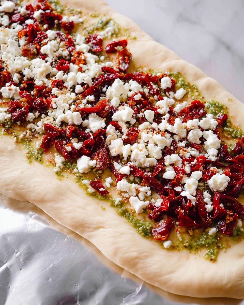 A soft, light beige dough is partially rolled up from the bottom left corner, revealing three main layers on top: a spread of green pesto sauce forming the base layer, small chunks of deep red sun-dried tomatoes scattered evenly over the pesto, and crumbled white cheese sprinkled on top. The texture of the dough looks airy and slightly bumpy, contrasting with the rough, crumbly texture of the cheese and the dense, slightly shiny pesto and sun-dried tomatoes. The dish sits on a shiny silver foil surface with a white marbled background. Photo taken with an iphone --ar 4:5 --v 7