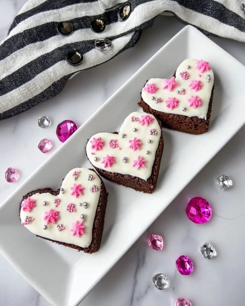 Fudgy Brownie Hearts with White Chocolate Drizzle and Sprinkles Recipe