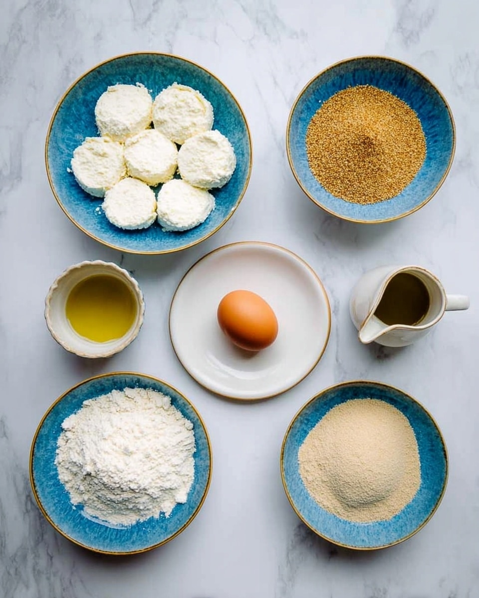 The image shows six white bowls and a small white jug arranged on a white marbled surface. The top left bowl contains eight thick white soft cheese rounds with a creamy texture layered closely together. The bottom left bowl is filled with white flour with a slightly uneven surface. The center bowl holds a single fresh whole orange egg smoothly resting at the bottom. The top middle jug contains a light golden liquid that looks like oil. The top right bowl has a pile of golden brown coarse grain layer spread unevenly. The bottom right bowl has a beige fine grain powder with a smooth surface. All bowls have a shiny blue inner color with a slight speckled texture. photo taken with an iphone --ar 4:5 --v 7
