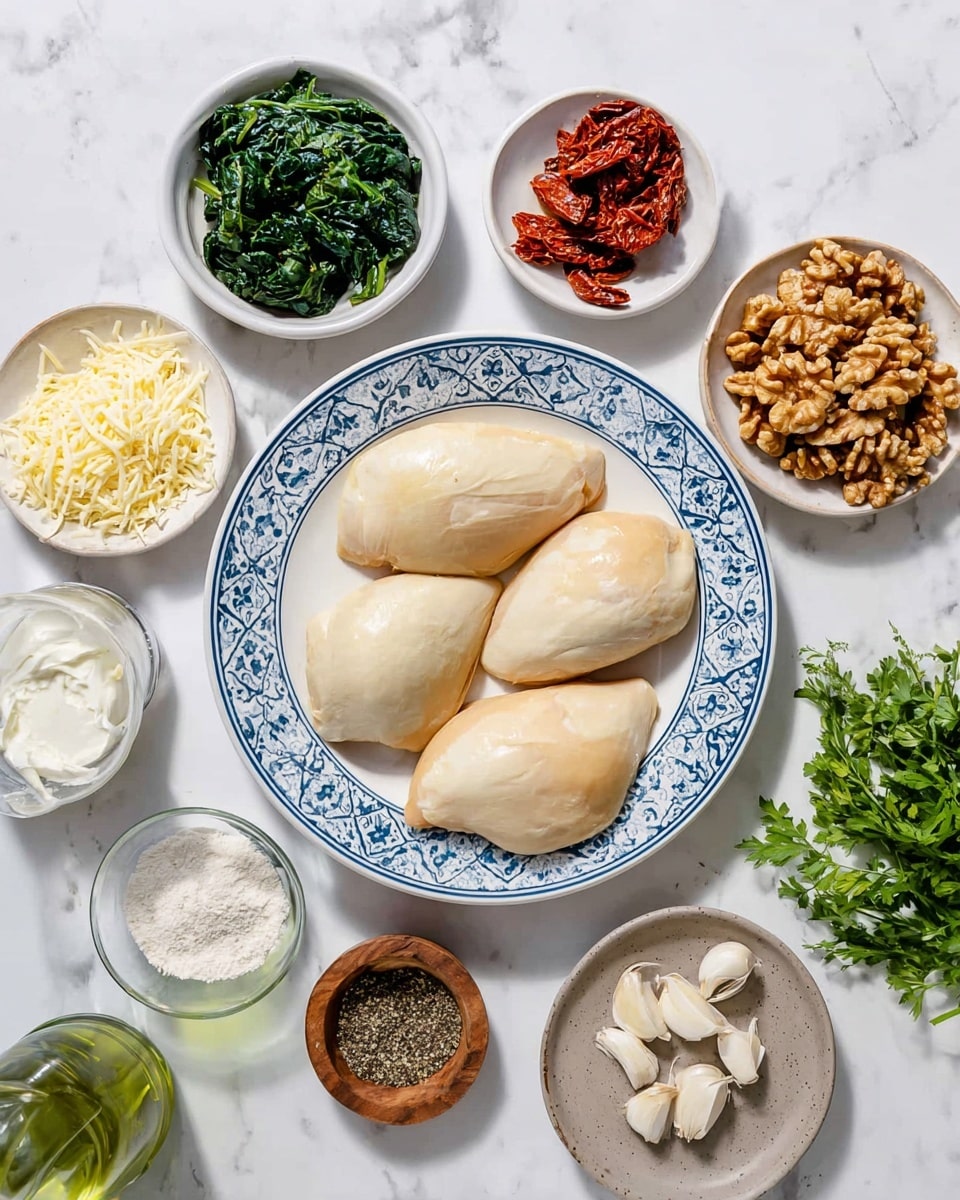The image shows four large, smooth, pale beige meat pieces placed on a white plate with blue patterns around the edges, centered on a white marbled surface. Surrounding the plate are small white bowls containing different ingredients: bright green cooked spinach at the top left, dark red sun-dried tomatoes above it, creamy white sauce below the spinach, shredded light yellow cheese between the spinach and the sauce, and a small bowl of fine white powder near the sauce. To the right of the plate, there is a bowl of rough light brown walnut pieces, two white garlic cloves on a small light gray plate, and a small round container filled with a mixture of black and white dried herbs. Near the bottom right corner are two small natural-colored wooden containers holding black pepper and salt, next to a green glass bottle with a metal dispenser, and fresh green herbs placed on the top right corner of the scene. Photo taken with an iphone --ar 4:5 --v 7