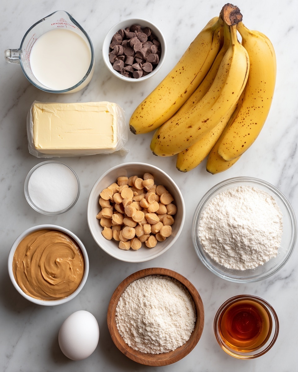 The image shows various baking ingredients arranged neatly on a white marbled surface. At the top right, there is a bunch of yellow bananas with brown spots. Below the bananas, a small wooden bowl holds white baking soda. Towards the center, a white measuring cup is filled with light brown peanut butter chips, and just below it, a white bowl contains creamy peanut butter. To the left of the peanut butter, a stick of butter is placed directly on the surface. Below the butter is a small wooden bowl with a white egg inside. Next to the egg is a metal measuring spoon filled with dark brown cocoa powder. A glass bowl with white sugar sits to the right of the peanut butter, and just below it to the right, a small white bowl holds vanilla extract. On the upper left side, a glass measuring cup contains white buttermilk, and next to it at the bottom left, a glass bowl holds white flour. Each ingredient is labeled clearly with bold text in black and white. Photo taken with an iphone --ar 4:5 --v 7