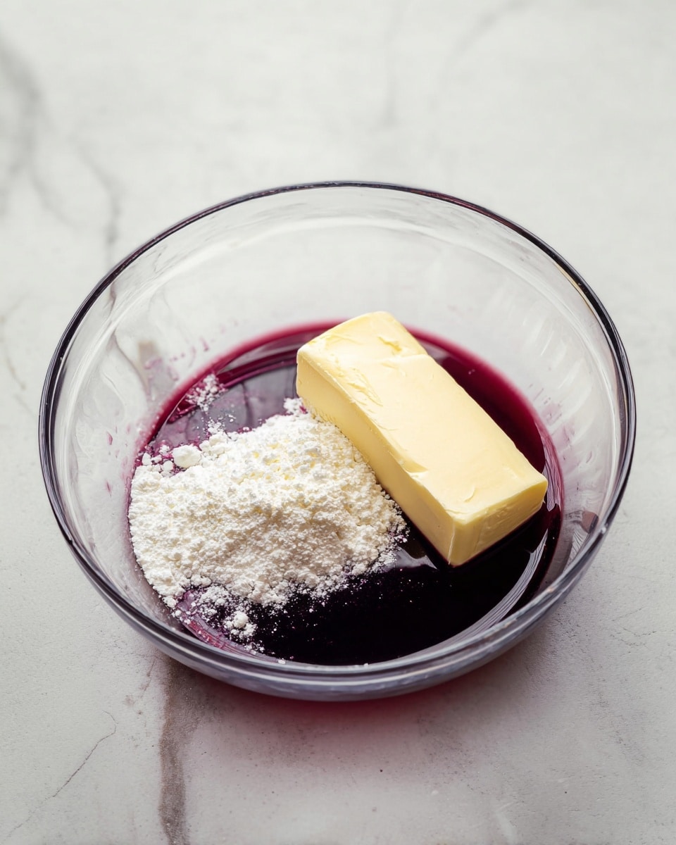 A clear glass bowl sits on a white marbled surface, containing three main layers: a deep purple liquid at the bottom with a smooth texture, a block of pale yellow butter resting diagonally in the center, and white powdered sugar sprinkled on and beside the butter. The purple liquid has stained parts of the bowl's inner sides, creating faint streaks. The scene is softly lit, highlighting the contrast between the dark purple, pale yellow, and bright white layers photo taken with an iphone --ar 4:5 --v 7