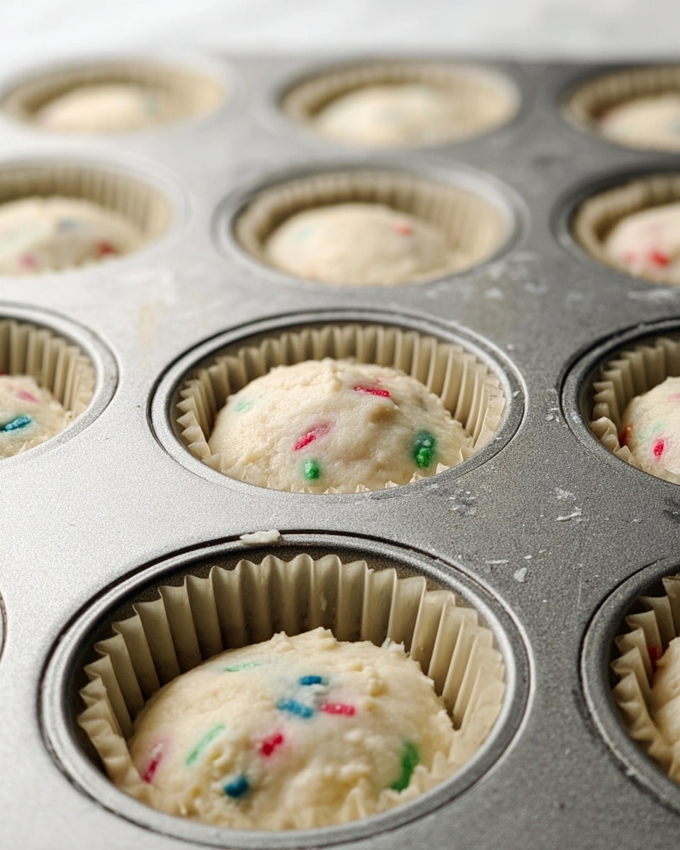 A close-up view of a silver muffin tray filled with cupcake liners holding white batter dotted with small colorful sprinkles in red, green, blue, and yellow. The batter is soft and slightly rounded at the top, filling each liner about three-quarters full. The tray has a slightly worn look with faint scratches and smudges. The background shows a white marbled texture, softly blurred, putting focus on the batter-filled trays. photo taken with an iphone --ar 4:5 --v 7