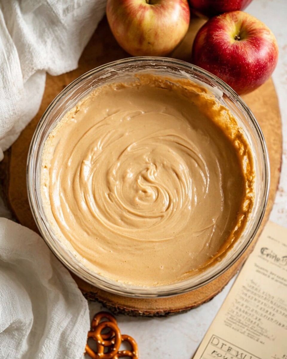 A clear glass bowl filled with smooth light brown batter with a creamy texture, swirled gently in the center, sits on a wooden board. Around the bowl, there are two red and yellow apples on a white marbled surface, an old recipe paper titled