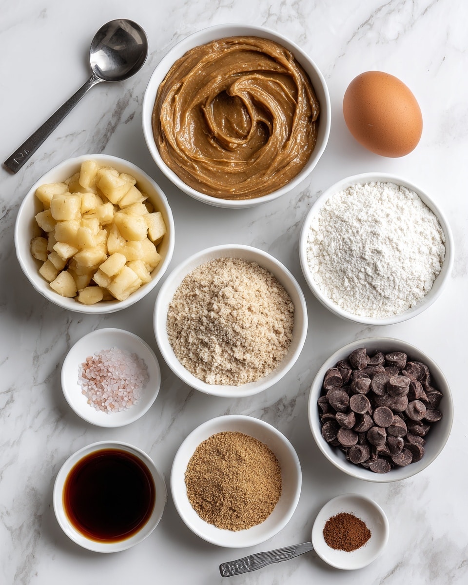 The image shows nine white containers and an egg arranged on a white marbled surface. At the top center, a white bowl holds smooth brown almond butter. To the left, a white bowl contains chunky, light yellow applesauce. To the right of the almond butter is a single brown egg. To the right of the applesauce is a white bowl filled with fine white coconut flour. Below the coconut flour, a small white bowl contains ground flax with a coarse, light brown texture. Below the almond butter, a silver measuring spoon holds dark brown vanilla extract. To the left of the vanilla, a small white plate holds three small piles of baking soda (white), pink salt, and cinnamon (brown). On the bottom right, a white bowl is filled with dark brown chocolate chips with a rough texture. photo taken with an iphone --ar 4:5 --v 7