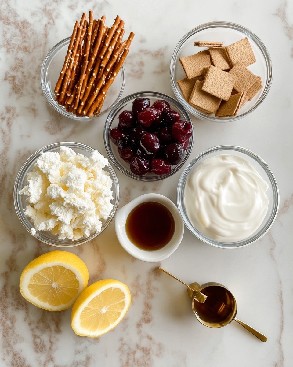 The image shows six small clear glass bowls and one white bowl arranged neatly on a white marbled surface. The top left bowl holds light brown pretzel sticks. Next to it, the top center bowl contains square graham cracker pieces in a light brown color. The top right white bowl is filled with dark red cherries that look slightly wet and shiny. In the middle, a clear bowl has white cottage cheese with a soft, lumpy texture. To the right of that, a white bowl contains creamy white yogurt with a smooth surface. At the bottom, a small clear bowl holds golden brown syrup, and beside it is a brass-colored measuring spoon filled with a dark thick liquid. Two lemon halves with bright yellow skin and pale yellow flesh rest on the bottom left side. photo taken with an iphone --ar 4:5 --v 7
