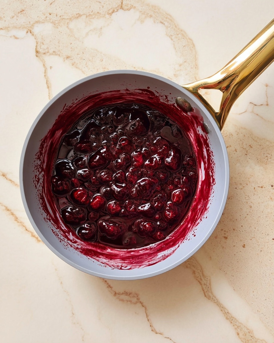 A light gray saucepan with a shiny gold handle holds a dark red berry sauce with visible whole berries. The sauce has a thick, shiny texture and clings to the inner sides of the pan, showing smears of deep red color. The pan sits on a white marbled surface with light brown streaks. Photo taken with an iphone --ar 4:5 --v 7