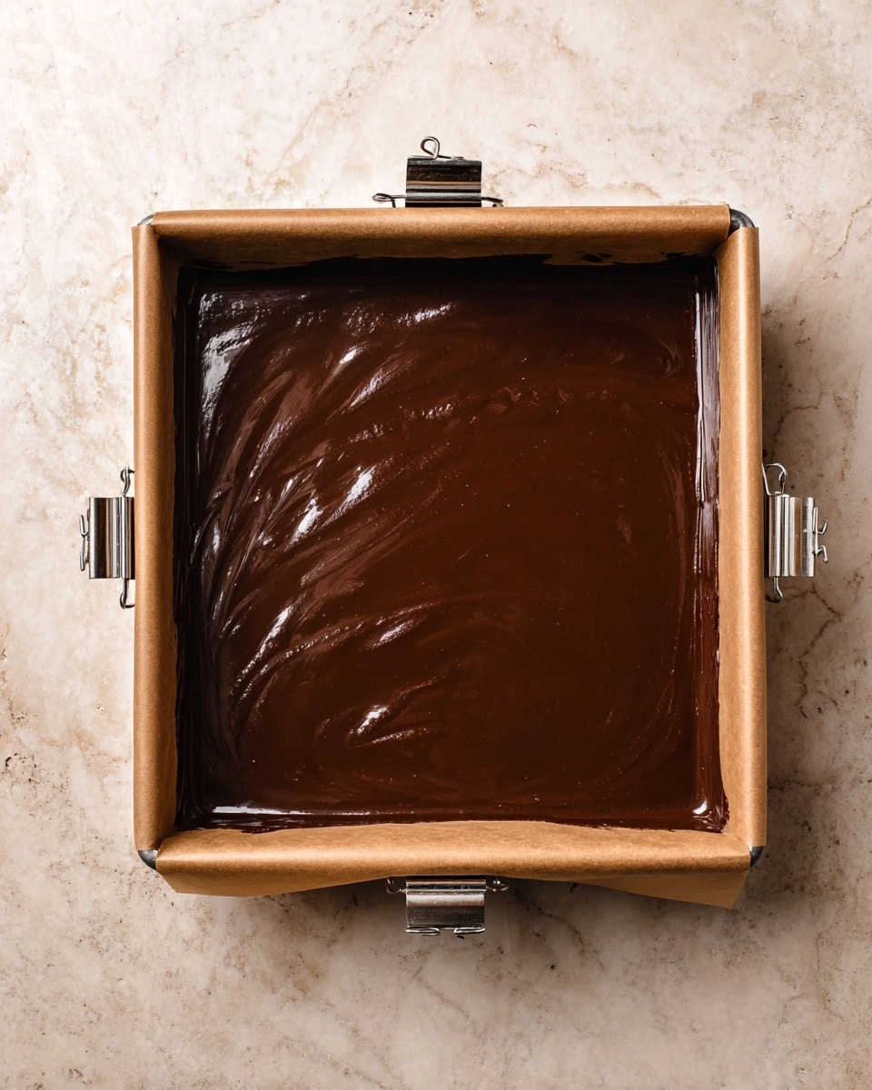 A square baking pan lined with brown parchment paper is filled evenly with a smooth, shiny dark brown chocolate mixture. The chocolate layer is thick and glossy with slight swirls on the surface, giving it a rich, creamy look. The pan is secured with metal binder clips on all four sides, and the pan rests on a white marbled textured surface photo taken with an iphone --ar 4:5 --v 7