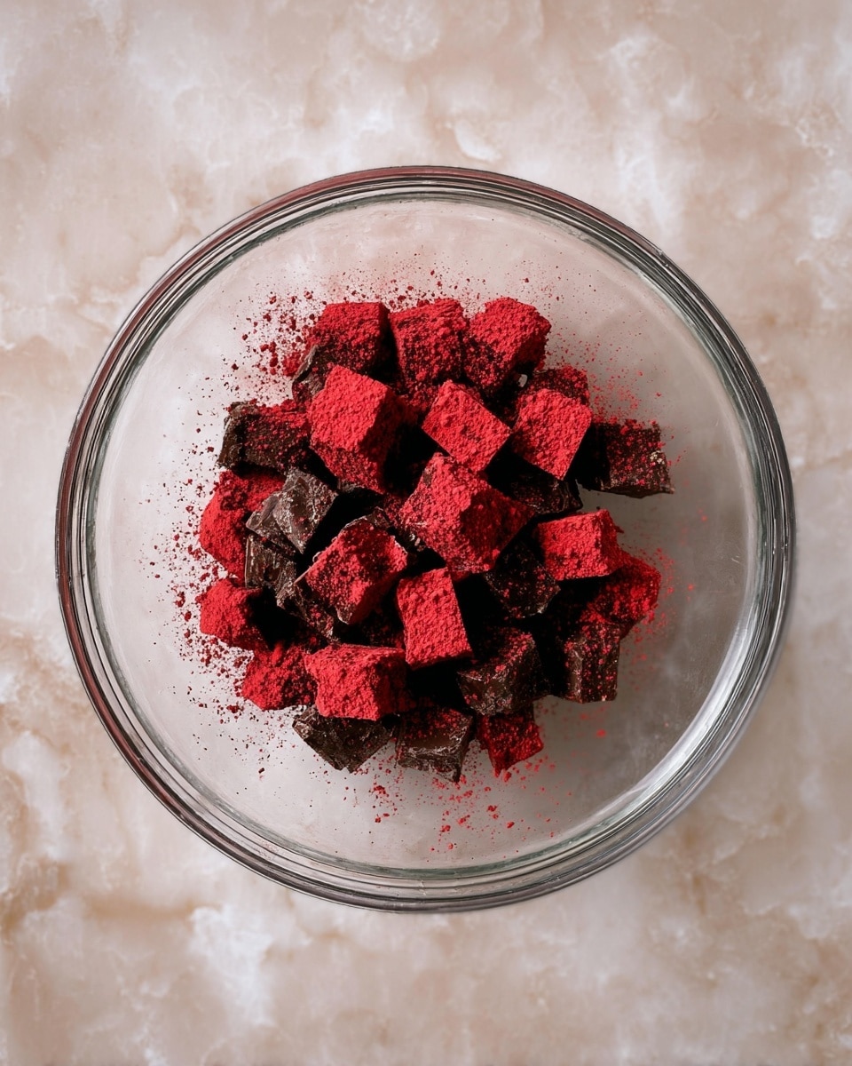 A clear glass bowl sits on a white marbled surface filled with small dark brown chocolate cubes. These cubes are generously dusted with a bright red powder, covering the top and sides unevenly, creating a rough texture. The cubes scatter loosely in the middle of the bowl, showing some of the dark brown chocolate beneath the red layer. photo taken with an iphone --ar 4:5 --v 7