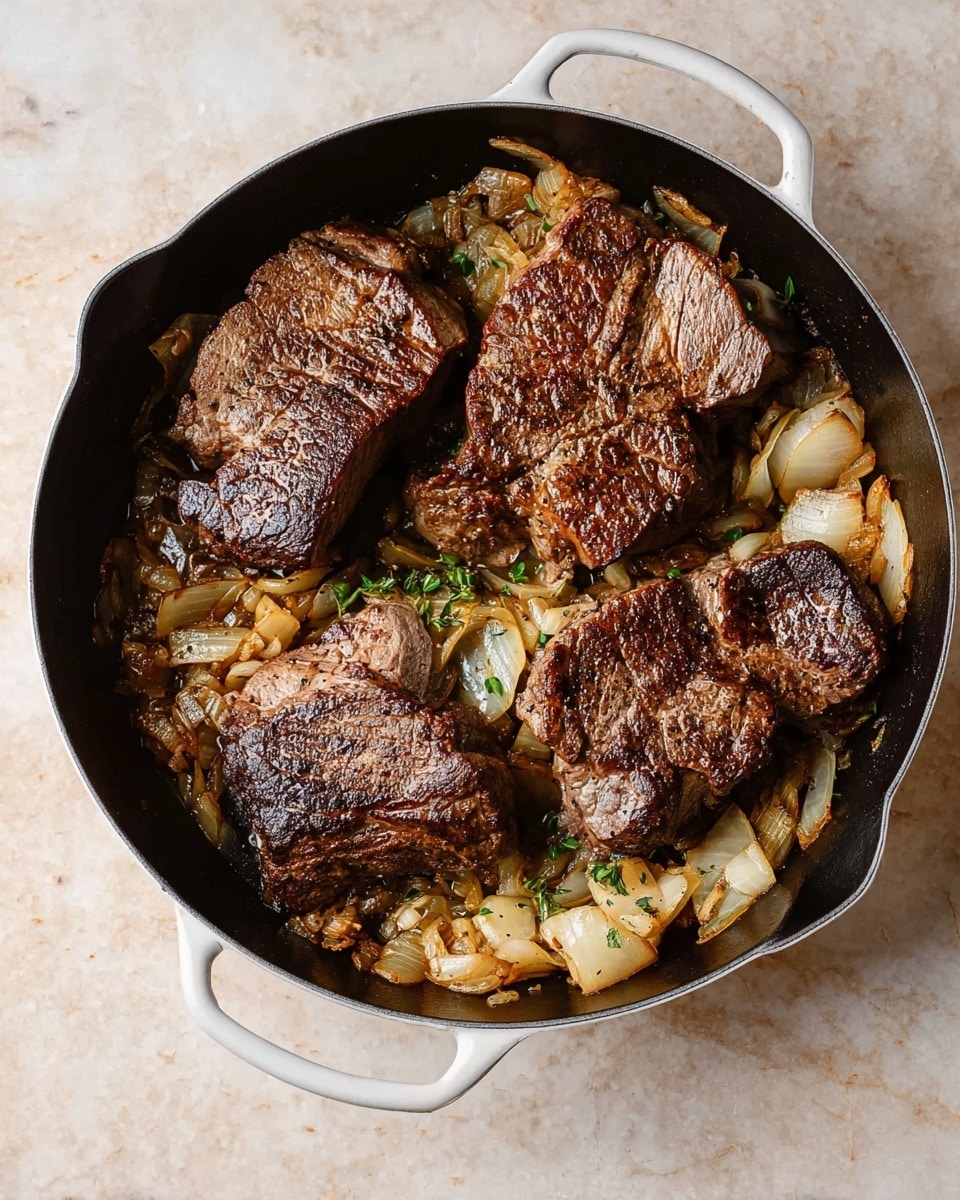 A white cast iron pan sits on a white marbled surface, holding four large pieces of cooked dark brown meat. Underneath the meat, roughly chopped onions with a light golden-brown color are spread around the pan, some mixed with small green herb pieces. The meat has a shiny, slightly oily texture with visible grill marks and seared edges, placed close together but not overlapping. photo taken with an iphone --ar 4:5 --v 7