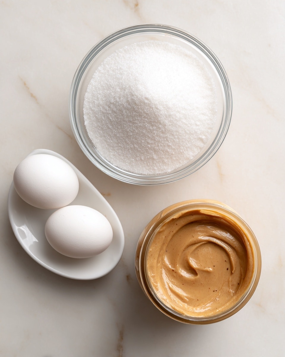 The image shows three main ingredients on a white marbled surface. At the top center, there is a clear glass bowl filled with fine white sugar, forming a smooth, even layer. Below to the left, two white eggs rest in a small white dish with a shiny smooth texture. To the right, there is an open jar filled with creamy peanut butter in a light brown color with a few small bubbles visible on its smooth surface. The ingredients are spaced apart clearly, all captured from a top-down view. Photo taken with an iphone --ar 4:5 --v 7