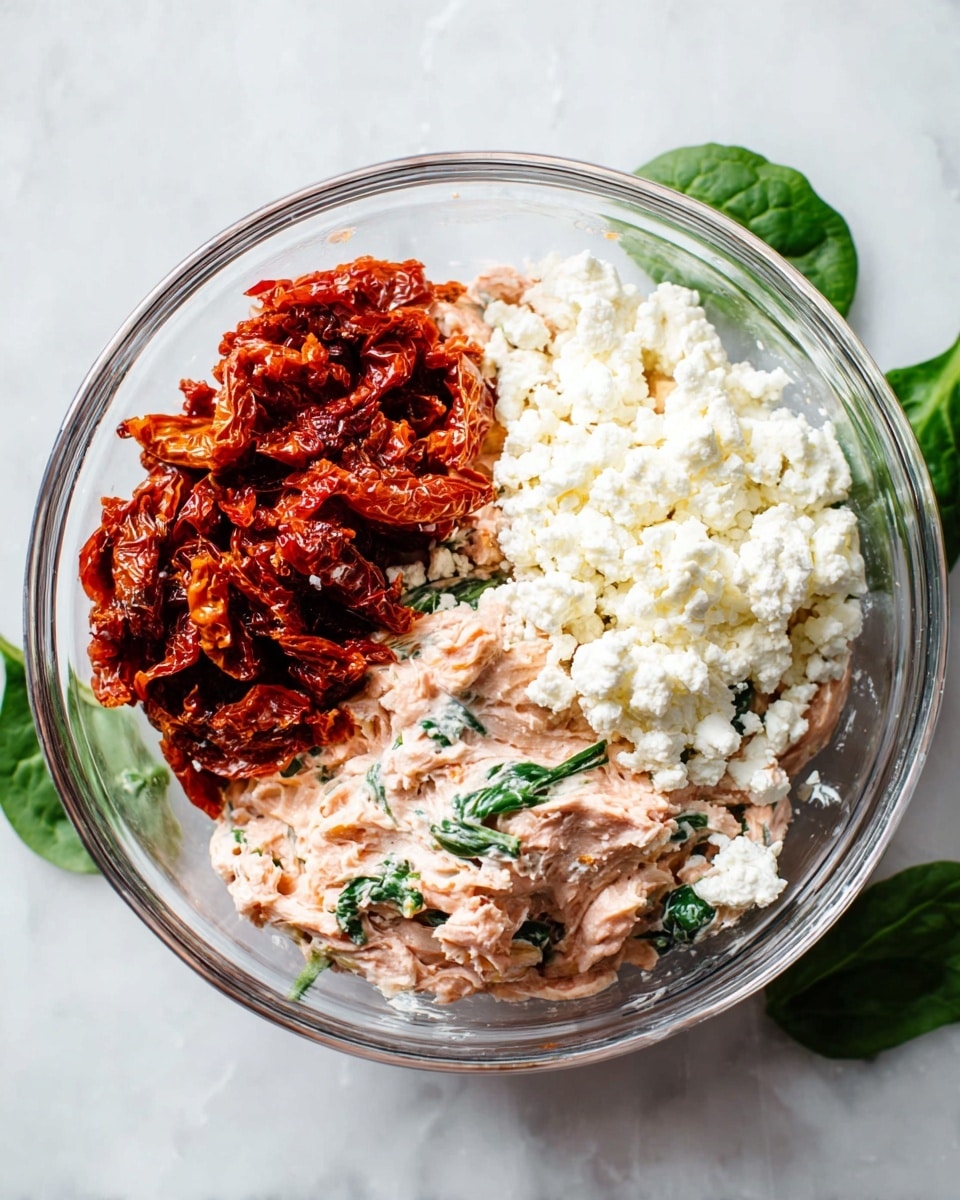 A clear glass bowl sits on a white marbled surface with three separate layers of ingredients inside. At the bottom, there is a thick, light pink mixture with green leafy bits. On the right side, a pile of white crumbly cheese rests on top of the pink layer. On the left side, sun-dried tomatoes in deep red and orange colors are heaped. Around the bowl, some fresh green spinach leaves are scattered. Photo taken with an iphone --ar 4:5 --v 7