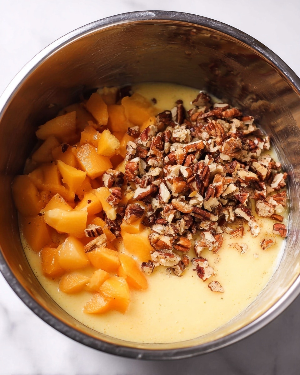 A close-up image shows a large metal bowl with three visible layers inside. The bottom layer is a smooth, light yellow batter. Above that, on the left side, there are small chunks of bright orange fruit with soft texture. On the right side, a pile of chopped brown nuts with irregular shapes and rough texture rests on top of the batter. The bowl sits on a white marbled surface. The photo taken with an iphone --ar 4:5 --v 7