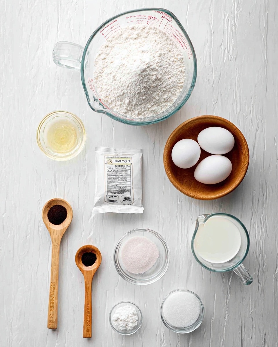 The image shows a flat lay of baking ingredients on a white marbled surface. At the top center, there is a clear glass measuring cup filled with a mound of white flour. To the right of it, a small wooden bowl holds four large white eggs. Below the flour, a small glass bowl contains a white powder, likely baking soda. To the left of that, a small glass with a light yellow liquid sits beside a packet labeled fast rising yeast. Below these, two wooden spoons hold dark brown and light pink powders or liquids. Under the spoons, there is a small glass bowl with white powder, and at the bottom center, a clear glass filled with white granulated sugar. On the right side, a glass measuring cup contains a white liquid, likely milk. All items are spaced evenly and displayed neatly. Photo taken with an iphone --ar 4:5 --v 7