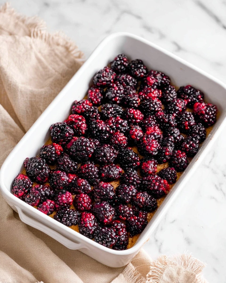 The image shows a white rectangular baking dish filled with two layers: the bottom layer is a light brown, soft cake or crust with a smooth texture, and the top layer is made up of many blackberries, some whole and some sliced in half, displaying their dark purple skins and bright red juicy inside, spread evenly across the top. The dish is placed on a white marbled surface with a beige cloth with fringes nearby. photo taken with an iphone --ar 4:5 --v 7