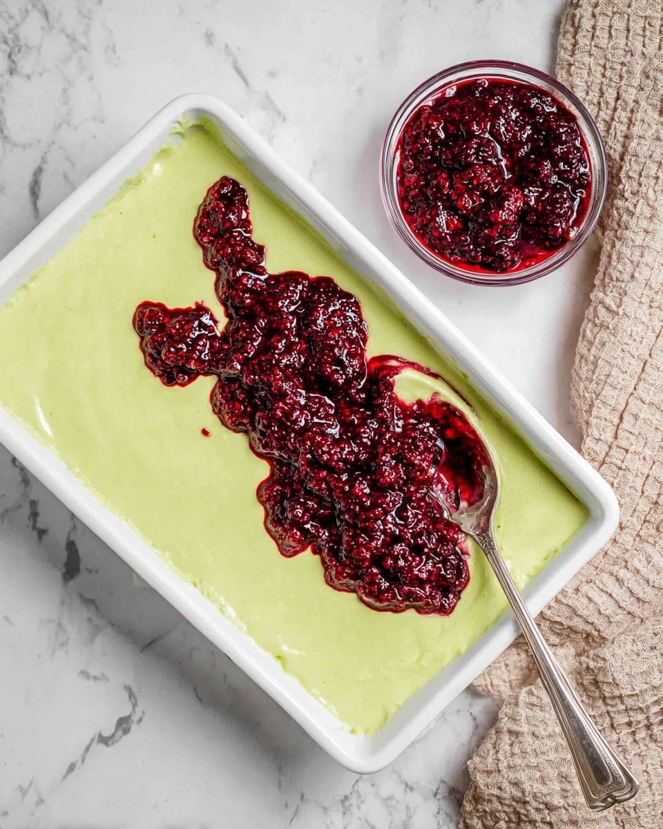 The image shows a rectangular white dish filled with a smooth, light green cream layer evenly spread across the bottom. On top, there is a thick layer of chunky dark red berry sauce concentrated more on the upper half of the dish, with a spoon resting in the sauce near the center. A small clear bowl of the same dark red berry sauce sits nearby on a white marbled surface. A beige textured cloth is visible in the top right corner. The colors contrast brightly with creamy green beneath and glossy deep red on top, creating a rich, fresh look. Photo taken with an iphone --ar 4:5 --v 7