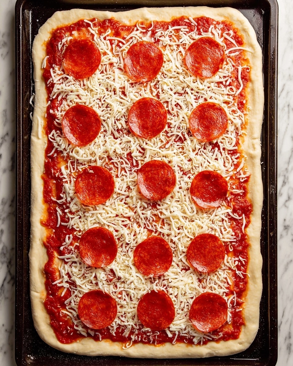A rectangular pizza dough spread thinly on a dark baking tray forms the base layer, topped with a bright red layer of tomato sauce evenly spread out to the edges but leaving a small border of dough visible. Over the sauce is a generous layer of shredded white cheese scattered thickly and unevenly. On top of the cheese, there are evenly spaced circular slices of bright red pepperoni, glossy with a slightly oily texture, arranged in a grid pattern covering the pizza surface. The whole scene sits on a white marbled surface. photo taken with an iphone --ar 4:5 --v 7