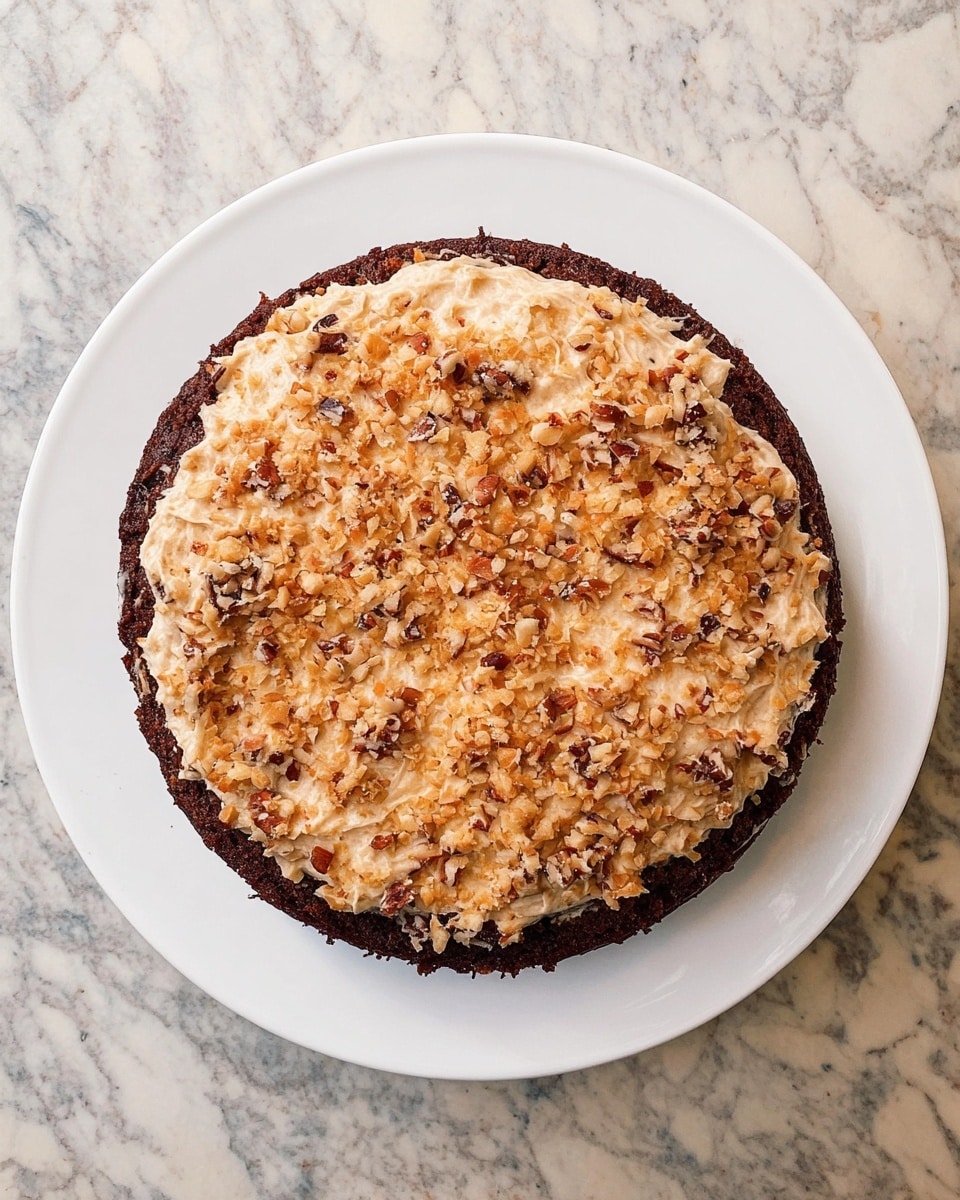 The image shows a single-layer round cake on a white plate. The cake base is dark brown, almost black, with a rough texture. On top, there is a thick layer of creamy, light brown frosting mixed with small chunks of nuts or coconut, giving it a slightly rough and uneven surface. The cake and plate sit on a white marbled texture surface. photo taken with an iphone --ar 4:5 --v 7