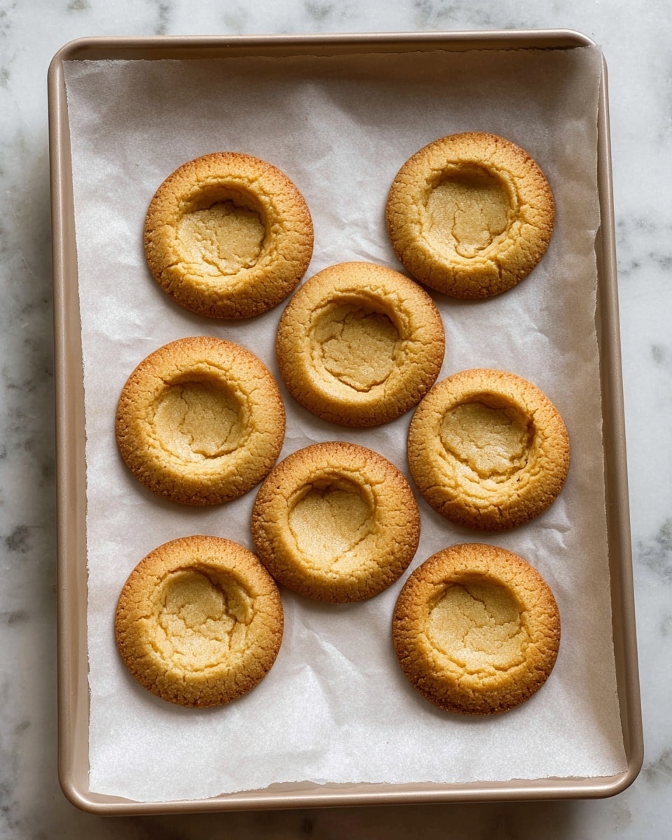 There are seven golden-brown cookies on a baking tray lined with white parchment paper. Each cookie is round with a smooth, slightly raised edge and a clear hollow center, making them look like small nests or cups. The cookies have a soft texture with a few cracks visible on the surface. The tray rests on a white marbled surface. photo taken with an iphone --ar 4:5 --v 7
