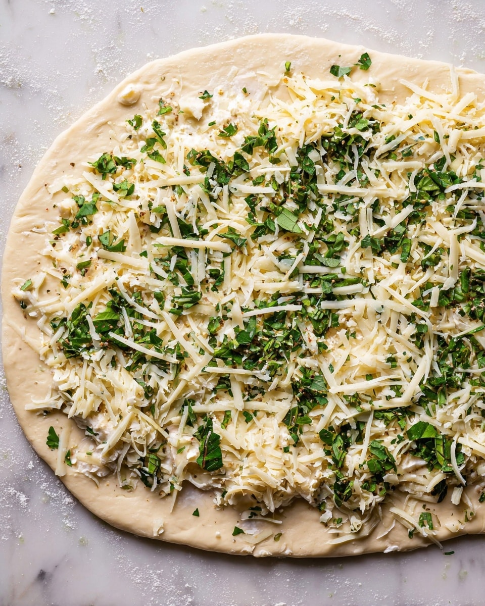 A flat circle of light beige dough spread on a white marbled surface forms the base layer. Over it is a thin, creamy layer with small bits, unevenly spread across the dough. On top of this creamy layer are scattered pieces of green leafy herbs, roughly chopped, covering the dough from edge to edge. The final top layer consists of uneven strips and small chunks of white shredded cheese spread generously over the herbs. The whole scene shows slight texture contrasts between the soft dough, creamy spread, fresh herbs, and shredded cheese. photo taken with an iphone --ar 4:5 --v 7