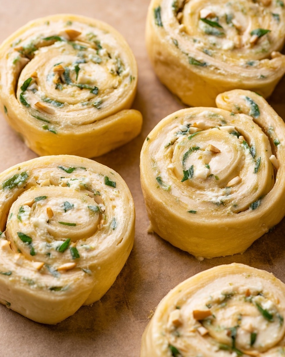 Several small, round rolls made from light yellow dough form the base layer. Inside these rolls, there are multiple thin layers of creamy beige filling that is spread evenly, with small green herb leaves and white slivers scattered throughout. The texture looks soft and moist, with the rolls cut to show the spiral shape of the layers. They are placed close together on a surface with a soft tan color and slight texture. photo taken with an iphone --ar 4:5 --v 7