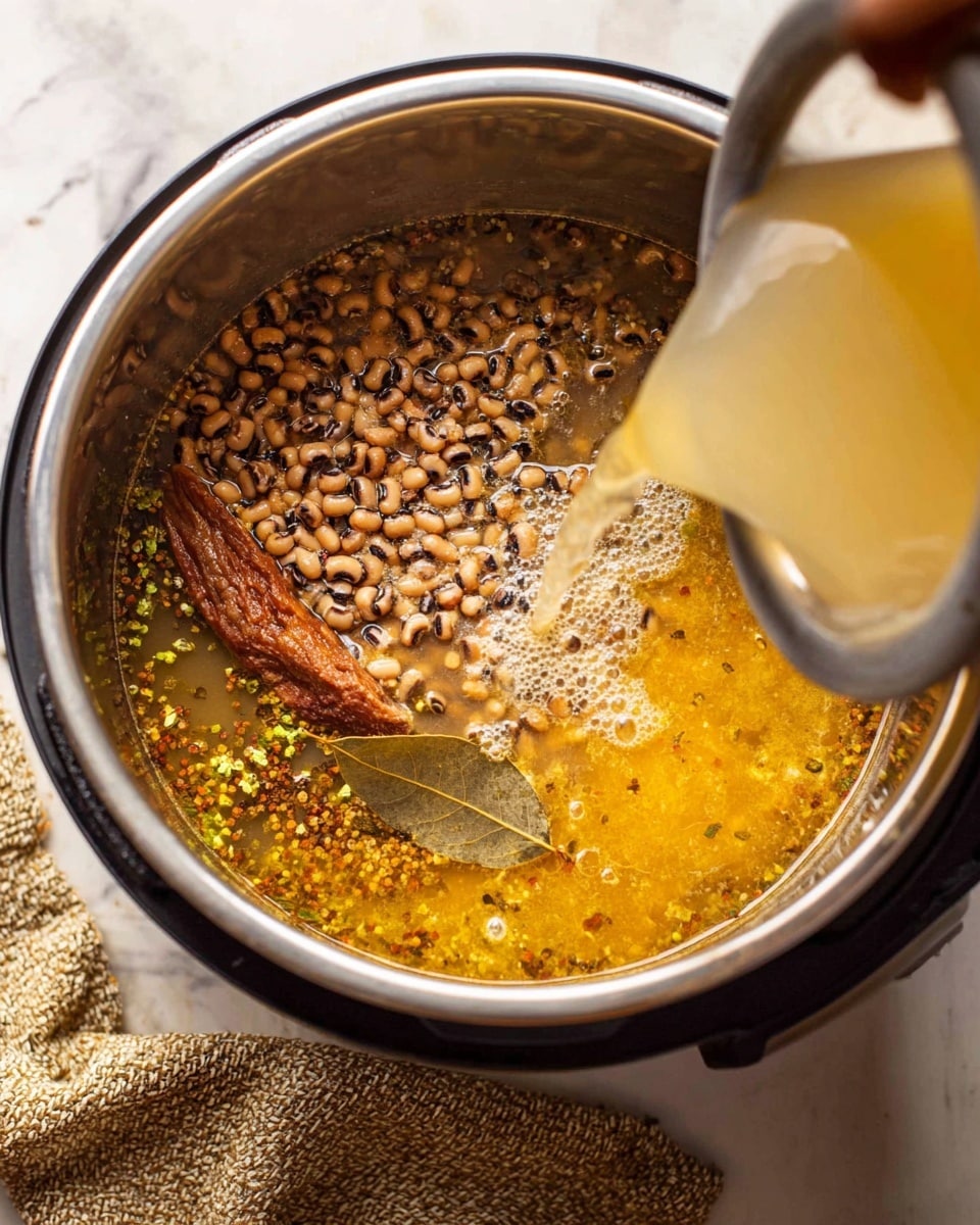 Inside a stainless steel pot, there is a mixture of black-eyed peas and a brown piece of dried meat or seasoning floating in a rich yellowish broth. A woman's hand is pouring more broth into the pot, creating bubbles and splashes. A bay leaf is visible on top of the peas, and the mixture looks thick with small green herbs and spices scattered throughout. The pot is set against a white marbled surface with a textured cloth in the corner. Photo taken with an iphone --ar 4:5 --v 7