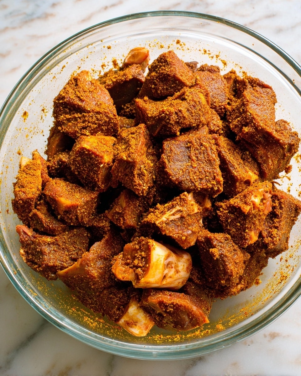 A clear glass bowl filled with many pieces of raw meat, each piece covered with a thick layer of brownish-orange spice mix that gives a rough, grainy texture. The meat chunks are piled up high, showing different sizes and shapes, some with bone visible. The bowl is placed on a white marbled surface, and the spices stick to both the meat and the sides of the bowl, creating a rustic and rich appearance. photo taken with an iphone --ar 4:5 --v 7