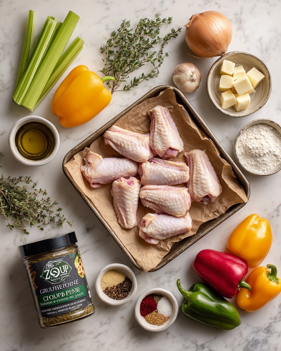 A metal tray lined with brown parchment paper holds six raw turkey wing pieces showing pale pink skin and some red muscle tone, placed in the center of a white marbled surface. Surrounding the tray are fresh vegetable ingredients including three green celery stalks on the left and three bell peppers in yellow, orange, and red hues on the lower right. Two whole golden brown onions sit at the top right near small white bowls filled with flour, butter cubes, and a mix of colorful spices including red paprika, green oregano, and beige powders. There are also small round bowls containing Worcestershire sauce, garlic powder, onion powder, and Dijon mustard scattered around. A small jar labeled “Zoup! Chicken Bone Broth Culinary Concentrate” is placed at bottom left near bay leaves, black pepper, kosher salt, and a small pitcher of oil. Two dark green jalapenos and one whole garlic bulb rest on the right side near a small bowl of liquid smoke labeled as optional. Fresh green thyme and rosemary sprigs lie on the left above the celery. The entire arrangement is neatly organized with clear labels on each ingredient. Photo taken with an iphone --ar 4:5 --v 7