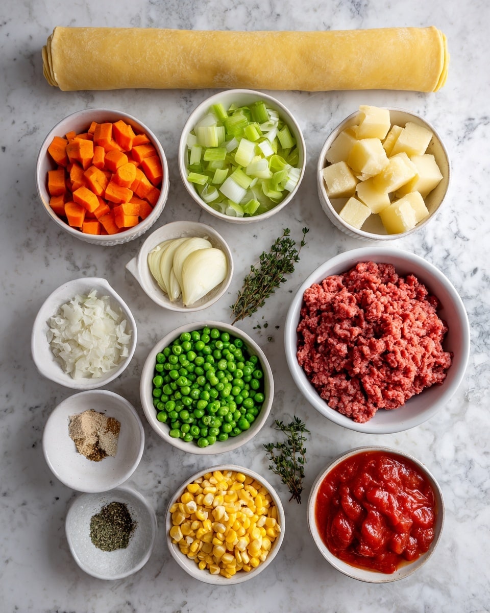 A white marbled surface holds eleven small white bowls and one small grey bowl filled with bright cooking ingredients for a savory dish. At the top lies a rolled yellow pie crust dough, with a large white bowl on the right containing vibrant red raw ground beef. Surrounding these are bowls filled with cubed yellow potatoes, green celery pieces, bright orange carrot chunks, frozen green peas, and white chopped onions. Smaller white bowls contain coarse brown garlic, white salt, black pepper, dried green marjoram, and thyme. A grey bowl holds yellow corn kernels, and another white bowl contains chunks of rich red canned tomatoes. Each ingredient is clearly separated, showing fresh and raw textures. photo taken with an iphone --ar 4:5 --v 7
