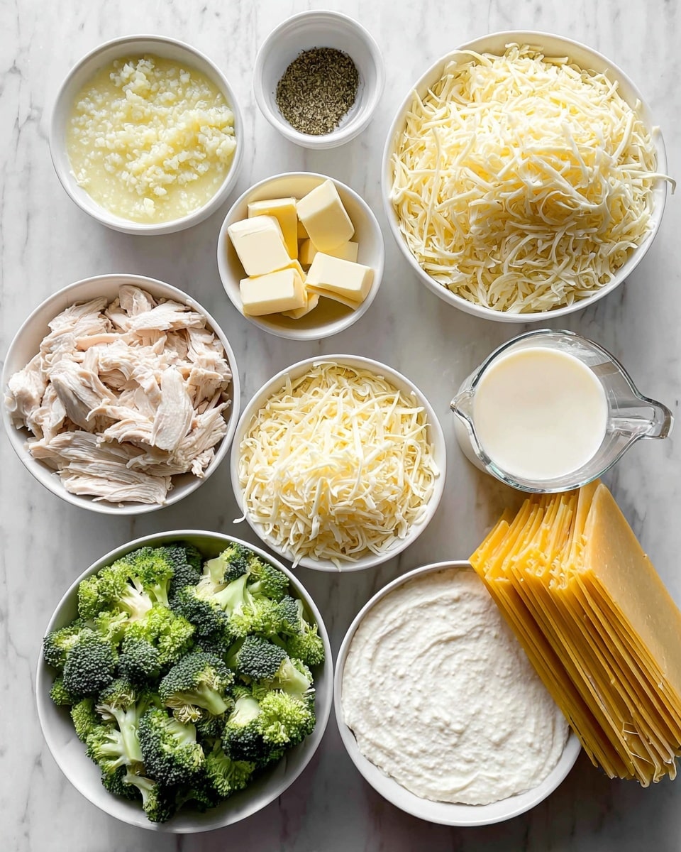 The image shows several white bowls and a clear glass measuring cup arranged on a white marbled surface. Starting from the top left, there is a small bowl with minced garlic, next to it a bowl with dried herbs, and a small bowl filled with slices of butter. Below these, a bowl is packed with shredded mozzarella cheese, and to the right, the measuring cup holds a white liquid, likely milk or cream. Below the milk is a big bowl of thick white ricotta cheese. To the left of that is a bowl of shredded cooked chicken, and next to it a bowl filled with green broccoli florets. At the bottom center is a bowl full of shredded Parmesan cheese. On the right side of the image, a neat stack of uncooked ricotta lasagna noodles lies flat. The overall presentation is neat, bright, and colorful with fresh ingredients clearly visible, photo taken with an iphone --ar 4:5 --v 7