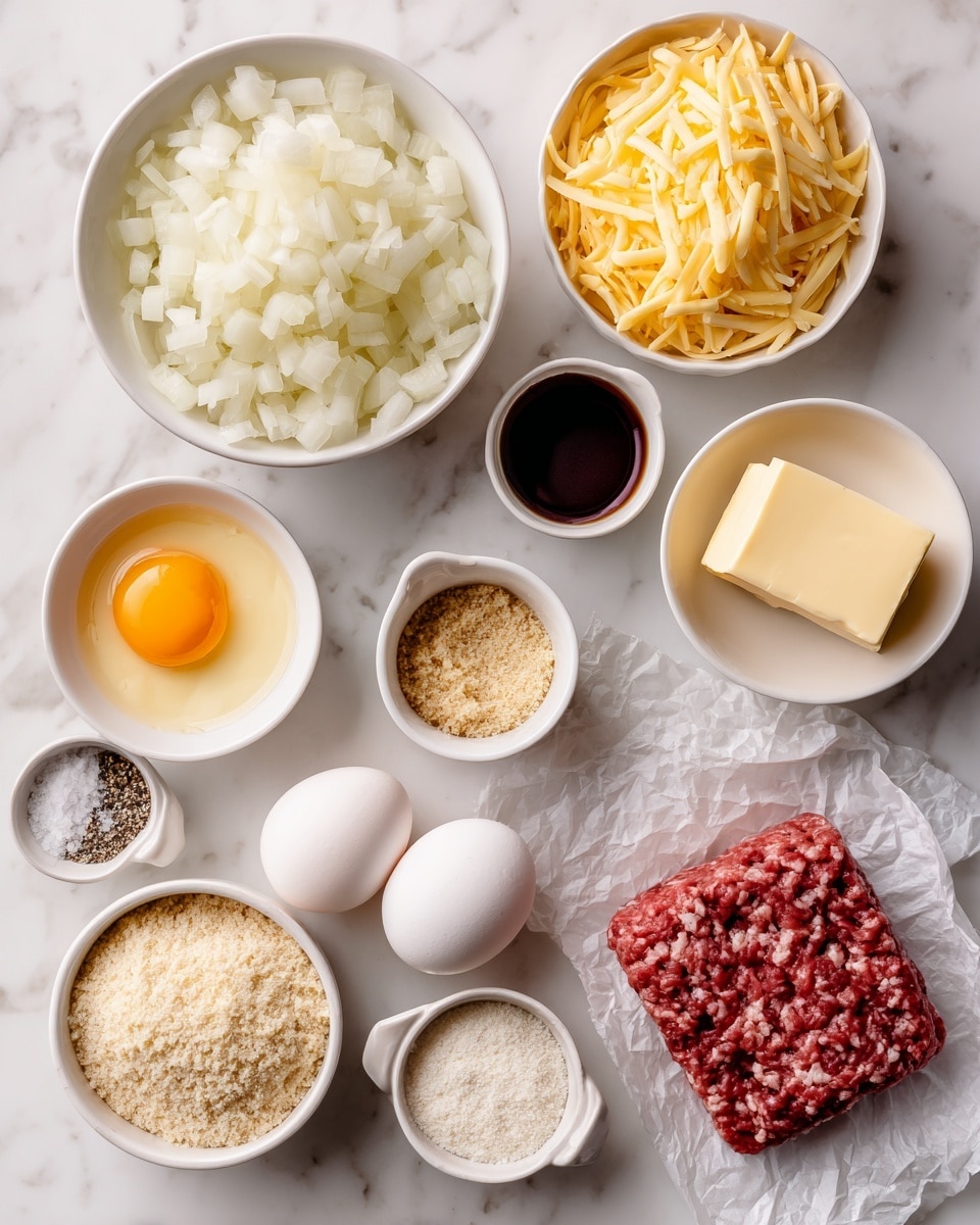 The image shows a white bowl filled with finely chopped white onions placed on a white marbled surface, top center. To the right of the bowl is a small white bowl with shredded yellow cheese. Below, there is a rectangle of raw ground meat resting on crumpled white parchment paper. Surrounding these main items are small white bowls and dishes containing various ingredients: a bowl with a raw egg yolk and white, a bowl with breadcrumbs, a bowl with a light powder (possibly flour), a small dish with a square of pale yellow butter, a small bowl with white powder (likely flour or seasoning), a bowl with light beige crumbs, a small dish with salt and pepper, and a small white container with a dark liquid sauce. The whole setting is neat and organized on a white marbled surface. Photo taken with an iphone --ar 4:5 --v 7