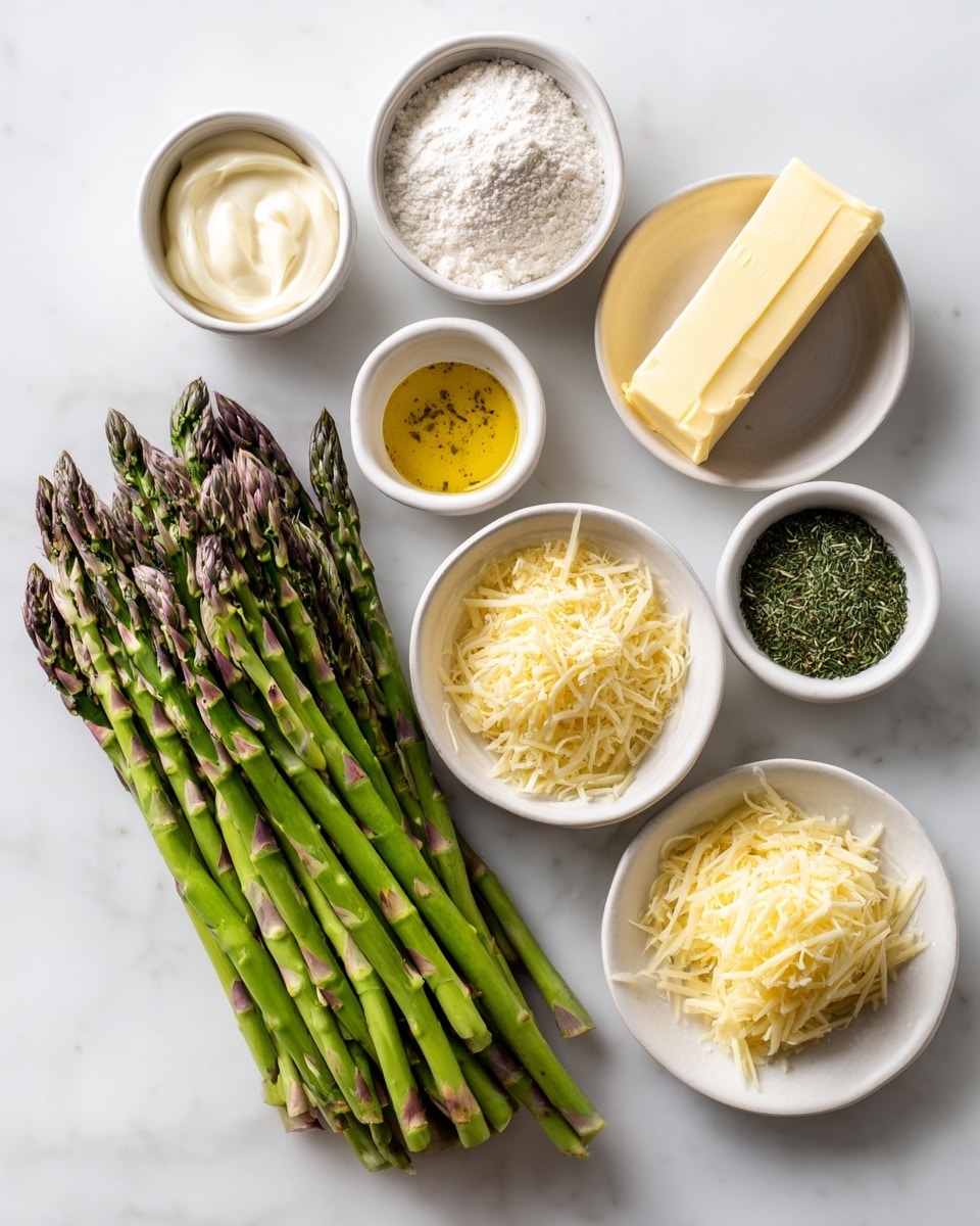 A top-down view of ingredients arranged on a white marbled surface. In the center is a bundle of fresh green asparagus with purple tips. Surrounding the asparagus are seven small white bowls and a plate: at the top center is a white bowl with cream, next to it a small white bowl with yellow Dijon mustard. To the right, a white bowl holds white flour, and next to it a smaller white bowl contains green dried herbs. At the bottom right is a white bowl filled with shredded pale yellow Gruyere cheese. Below the asparagus to the left is a white bowl with finely chopped light yellow garlic, and next to it a small white plate holds a block of butter. Each ingredient is clearly visible with natural textures and colors on the clean white marbled surface. Photo taken with an iphone --ar 4:5 --v 7