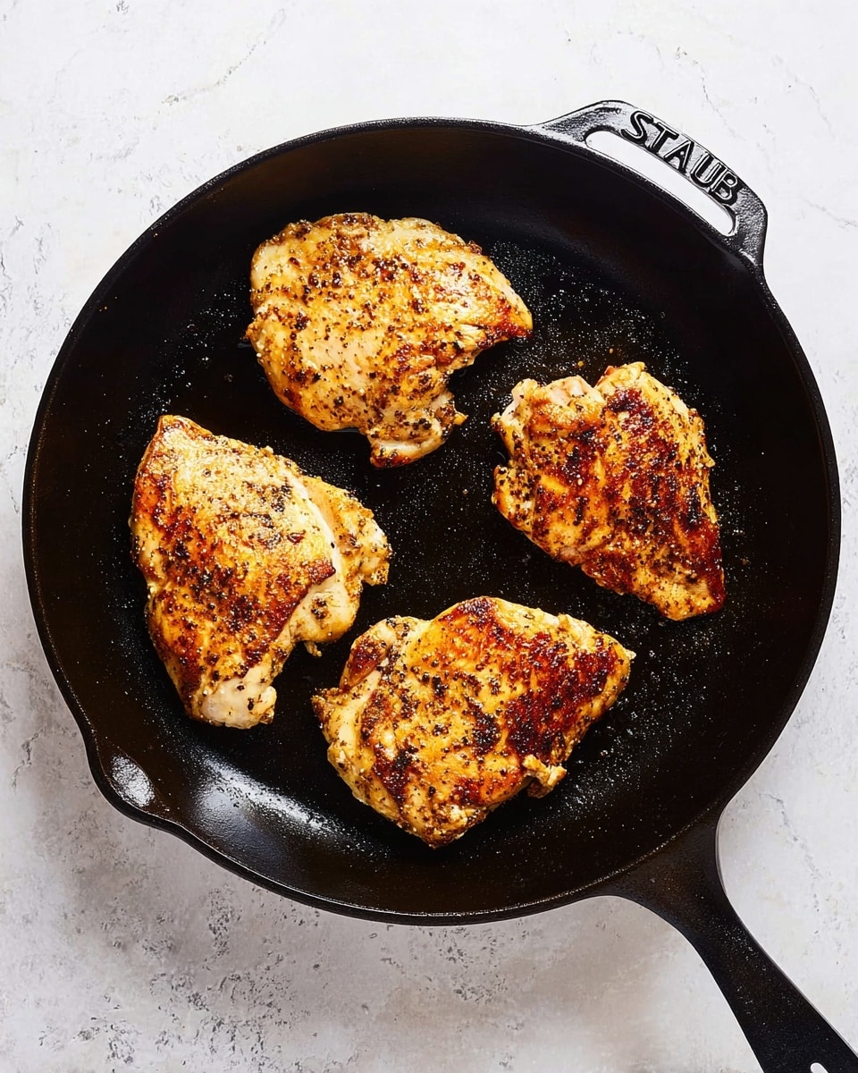 A black cast iron pan holds four cooked pieces of chicken with a golden-brown color and visible seasoning, sitting on a white marbled textured surface. Each piece is placed separately on the pan, showing slight variation in shape and texture, with some crispy edges and darker browned spots from cooking. The pan handle is visible and has