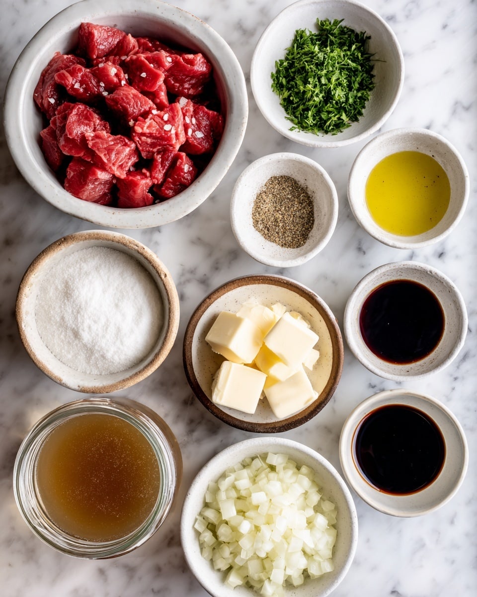 The image shows small bowls arranged on a white marbled surface, each holding a different ingredient. In the top left, a white bowl is filled with red stew meat pieces. Above it, a smaller white bowl contains chopped green parsley. To the right are four white bowls with dark soy sauce, pale yellow olive oil, white salt and black pepper mix, and brown Italian seasoning. Below, a brown-rimmed white bowl holds finely chopped white onion. Near the center, a white bowl with a few thick slices of pale yellow butter sits next to another white bowl filled with white corn starch. At the bottom left, there is a clear jar filled with light brown broth. On the right side, a white bowl holds diced pale garlic, and next to it, another white bowl contains dark Worcestershire sauce. Each ingredient is clear and distinct on the white marbled surface, photo taken with an iphone --ar 4:5 --v 7