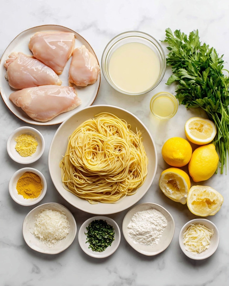 A white plate holds four large pieces of raw chicken, light pink in color with a shiny texture, placed near the top left of the image, on a white marbled surface. Below the plate is a white bowl filled with light yellow cooked spaghetti noodles coiled neatly with two small handles on the sides. To the right of the plate is a small clear glass filled with pale yellow lemon juice. Next to it, a white bowl contains smooth, creamy white liquid. At the top right corner, a white plate holds fresh green parsley and two whole lemons alongside a few lemon slices showing bright yellow interiors. Surrounding these main items are small white dishes with various ingredients: two yellow powders, some chopped white garlic, a green herb mixture, some grated white cheese, and white flour, all arranged neatly around the main items. Photo taken with an iphone --ar 4:5 --v 7