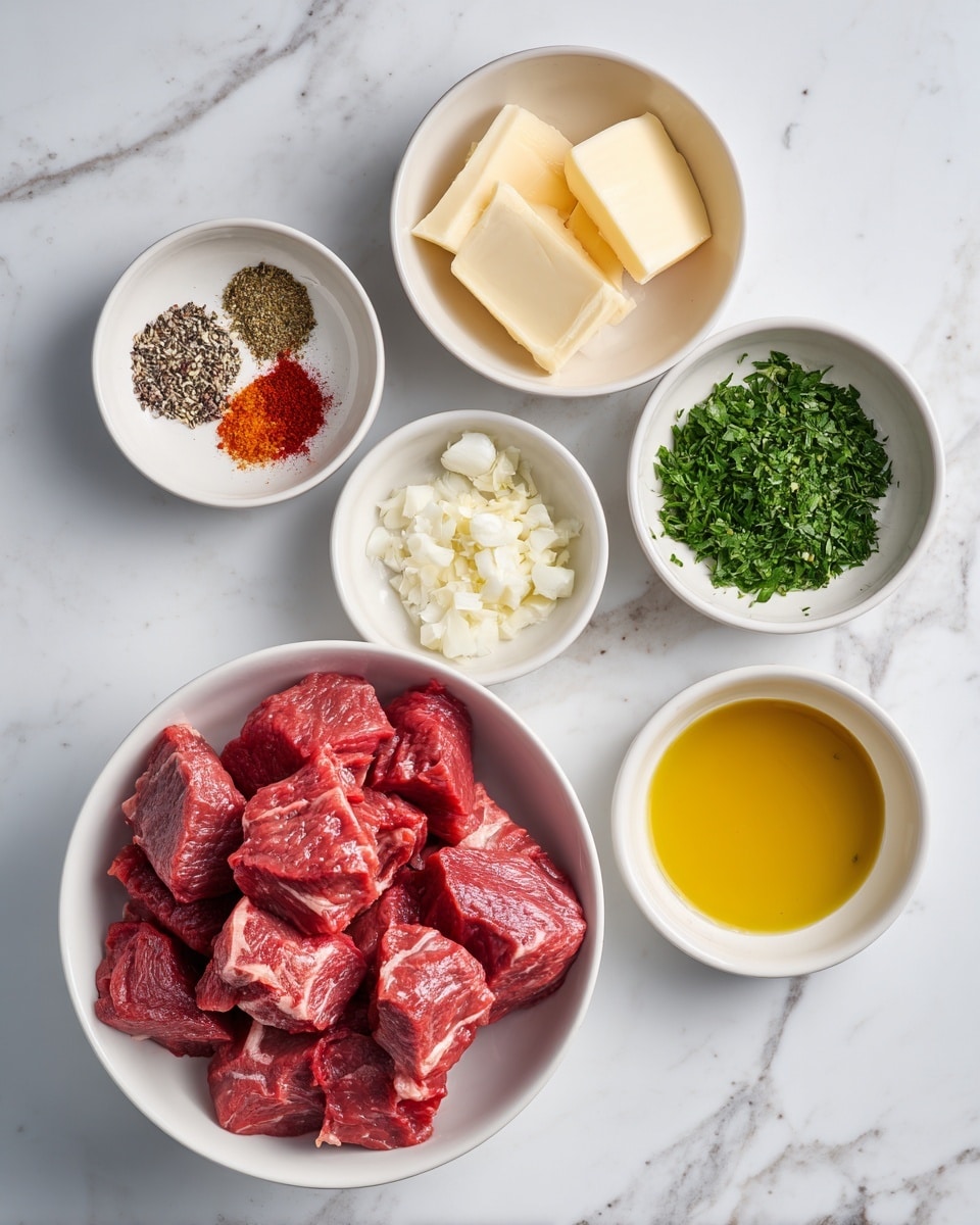 The image shows six small white bowls arranged on a white marbled surface. The biggest bowl in the center holds fresh red beef chunks with visible muscle texture. Above it, on the left, a bowl contains several pale yellow butter slices, while to its right, a bowl is filled with finely chopped green parsley. Below parsley, a small bowl has minced white garlic. To the left of the beef, one bowl holds a mix of colorful spices including red, white, black, and beige powders. Finally, a bowl with golden olive oil is placed on the right side. All bowls are evenly spaced and clean, creating a neat and fresh look. photo taken with an iphone --ar 4:5 --v 7