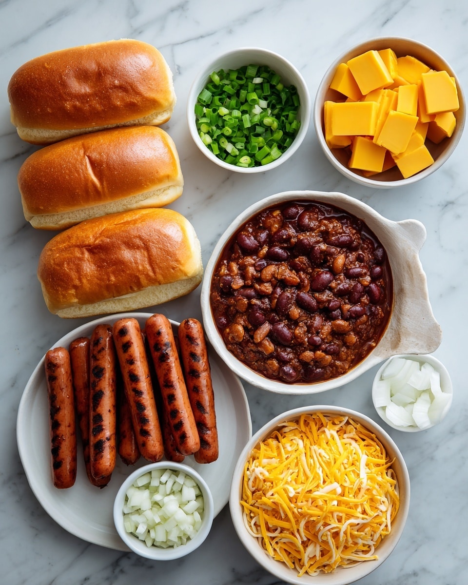 The image shows several food items arranged neatly on a white marbled surface. On the left, there are three golden brown buns placed side by side. Above them, a small white bowl holds chopped green onions. To the right of the green onions, a white bowl is filled with square slices of yellow cheese. Below this bowl, a round white plate contains six grilled hot dogs with grill marks visible along their length. In the center, a white bowl is filled with chunky chili that looks rich and dark red with beans and meat. Below the chili, a white bowl holds shredded yellow cheese. On the bottom left, a small bowl contains diced white onions. All items are spread out clearly and arranged so each can be seen well. photo taken with an iphone --ar 4:5 --v 7