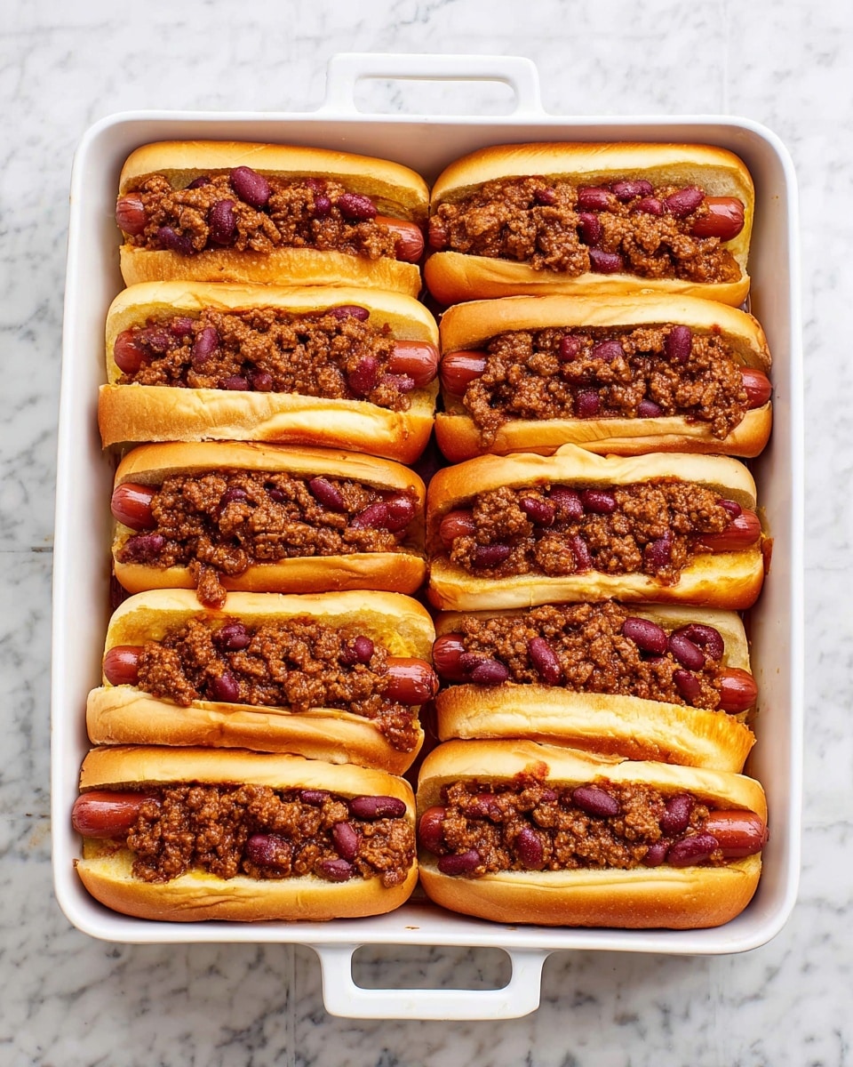 A white rectangular dish holds eight chili dogs arranged in two neat rows of four. Each hot dog has a golden-brown bun that is slightly toasted and filled with a long brown sausage topped with a thick layer of chili consisting of ground meat and kidney beans, creating a rich mix of dark brown and deep red colors. The dish sits on a white marbled surface, showing a clean and organized presentation. photo taken with an iphone --ar 4:5 --v 7